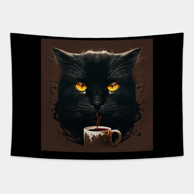 Black Cat Drinking Coffee, Coffee Cat Lover Tapestry by logiamerch