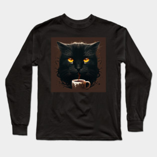 Black Cat Drinking Coffee, Coffee Cat Lover Long Sleeve T-Shirt