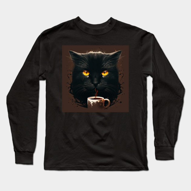 Black Cat Drinking Coffee, Coffee Cat Lover Long Sleeve T-Shirt by logiamerch