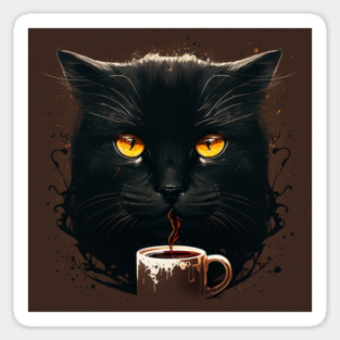 Black Cat Drinking Coffee, Coffee Cat Lover Sticker