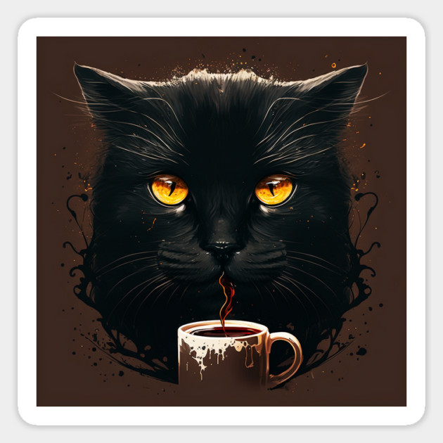Black Cat Drinking Coffee, Coffee Cat Lover Sticker by logiamerch