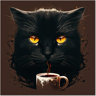 Black Cat Drinking Coffee, Coffee Cat Lover Posters and Art