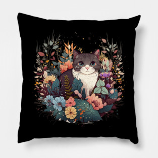 Cat in Floral Ornament, Love Cats Pillow