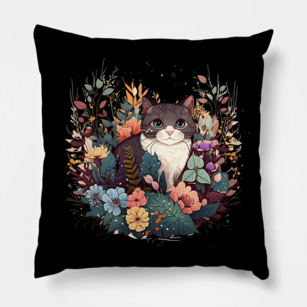 Cat in Floral Ornament, Love Cats Pillow by logiamerch