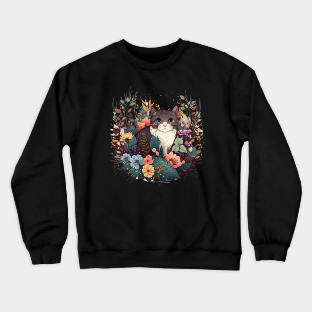Cat in Floral Ornament, Love Cats Crewneck Sweatshirt by logiamerch