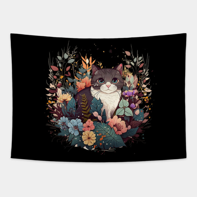 Cat in Floral Ornament, Love Cats Tapestry by logiamerch