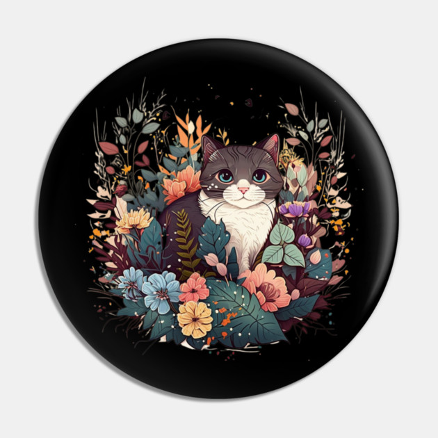 Cat in Floral Ornament, Love Cats Pin by logiamerch
