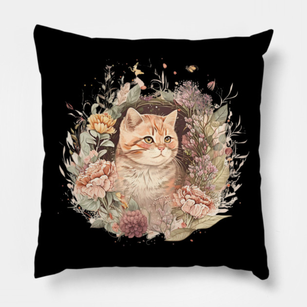 Cat in Floral Ornament, Love Cats Pillow by logiamerch