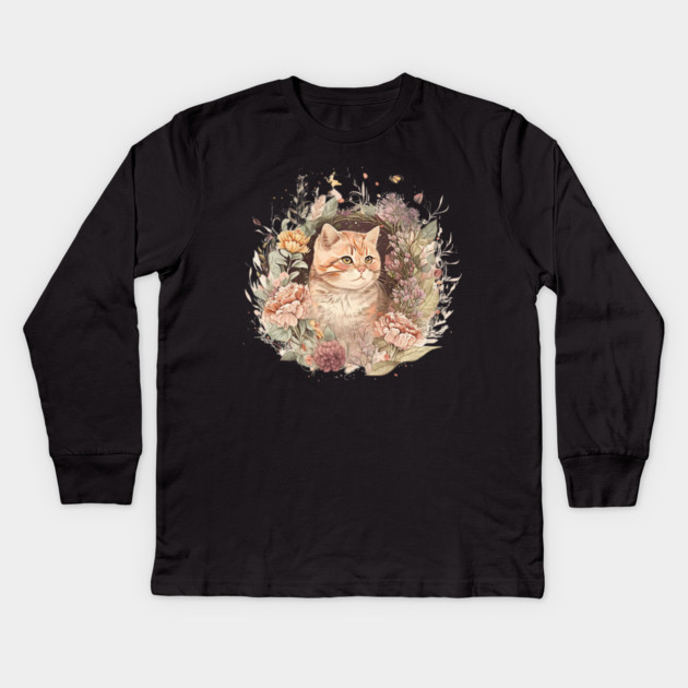 Cat in Floral Ornament, Love Cats Kids Long Sleeve T-Shirt by logiamerch
