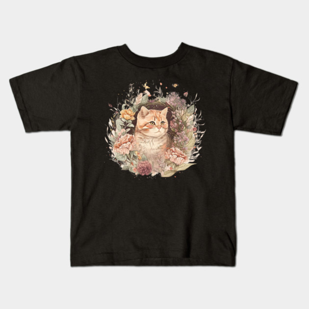 Cat in Floral Ornament, Love Cats Kids T-Shirt by logiamerch