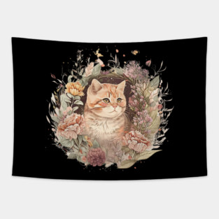 Cat in Floral Ornament, Love Cats Tapestry