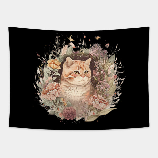 Cat in Floral Ornament, Love Cats Tapestry by logiamerch