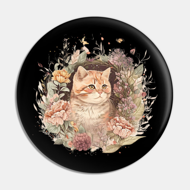 Cat in Floral Ornament, Love Cats Pin by logiamerch