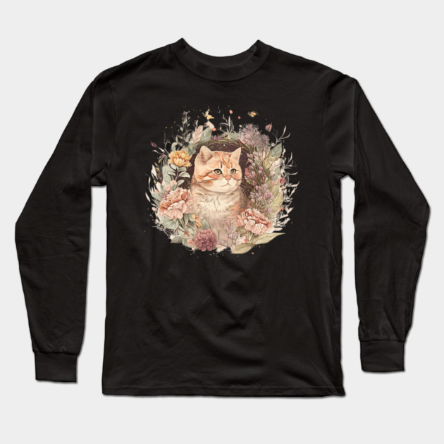 Cat in Floral Ornament, Love Cats Long Sleeve T-Shirt by logiamerch