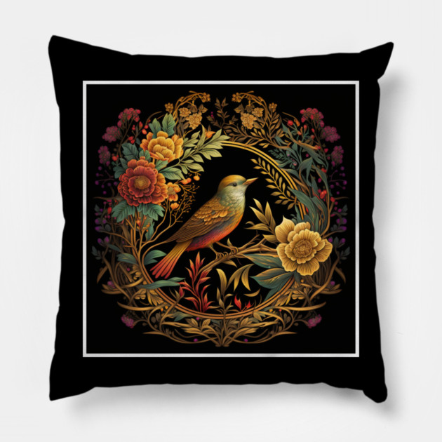 Bird with Floral Ornament Pillow by logiamerch