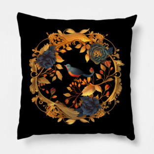 Bird with Floral Ornament Pillow