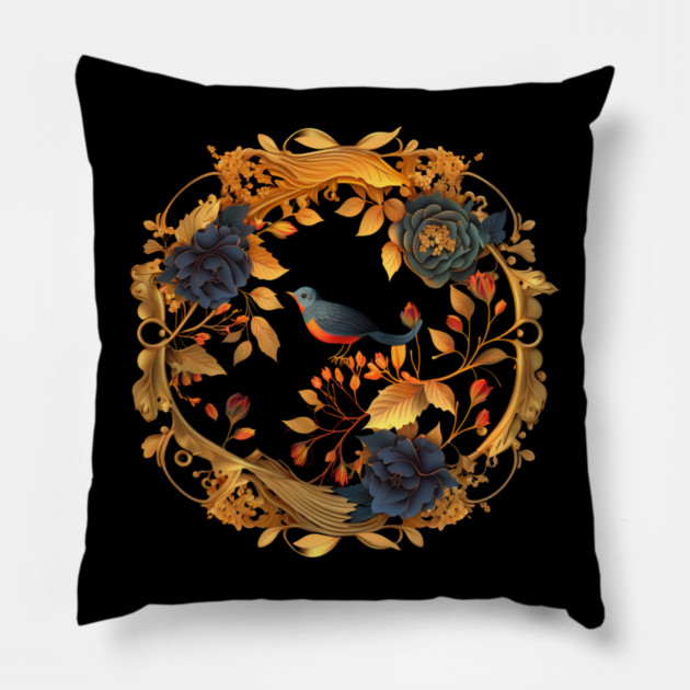 Bird with Floral Ornament Pillow by logiamerch
