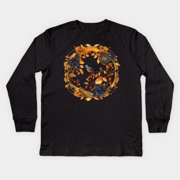 Bird with Floral Ornament Kids Long Sleeve T-Shirt by logiamerch
