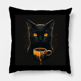 Black Cat Drinking Coffee, Coffee Cat Lover Pillow