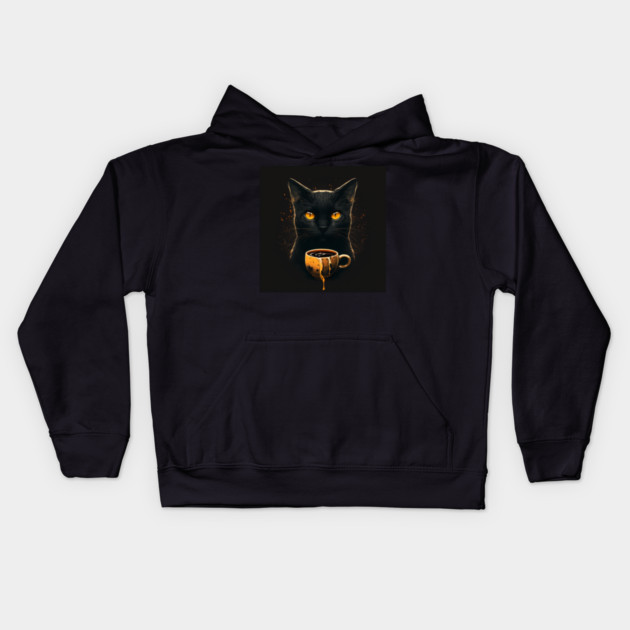 Black Cat Drinking Coffee, Coffee Cat Lover Kids Hoodie by logiamerch
