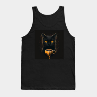 Black Cat Drinking Coffee, Coffee Cat Lover Tank Top
