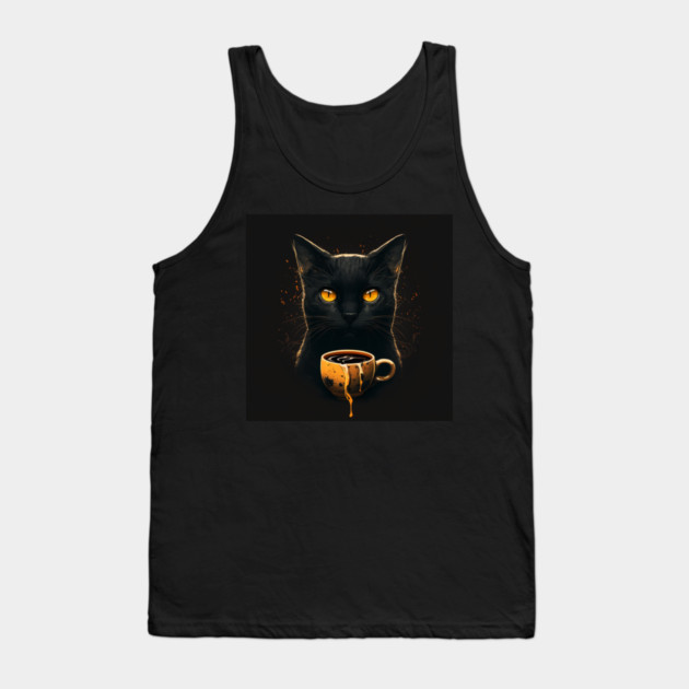 Black Cat Drinking Coffee, Coffee Cat Lover Tank Top by logiamerch
