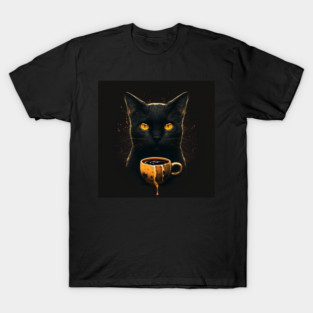 Black Cat Drinking Coffee, Coffee Cat Lover T-Shirt