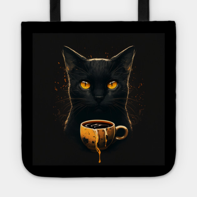 Black Cat Drinking Coffee, Coffee Cat Lover Tote by logiamerch