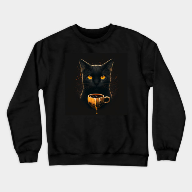 Black Cat Drinking Coffee, Coffee Cat Lover Crewneck Sweatshirt by logiamerch