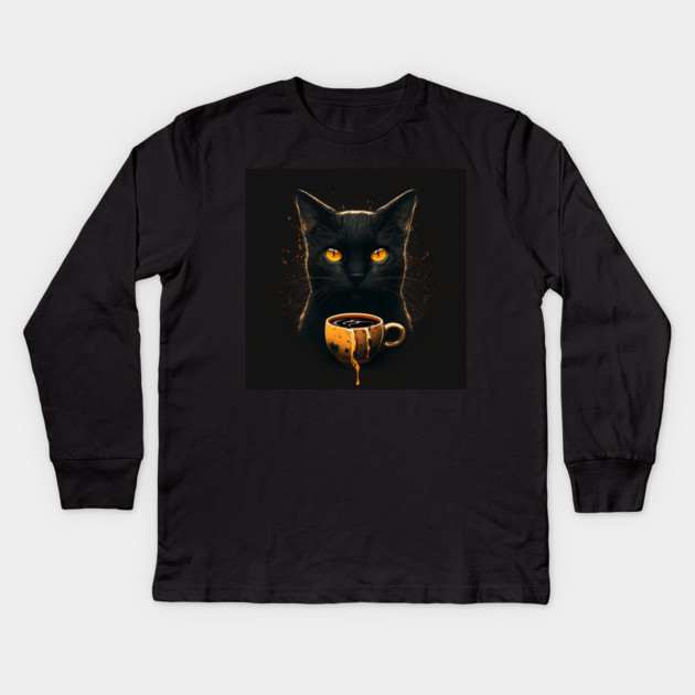 Black Cat Drinking Coffee, Coffee Cat Lover Kids Long Sleeve T-Shirt by logiamerch