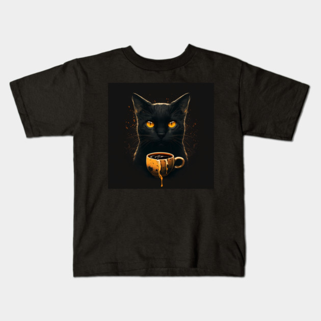Black Cat Drinking Coffee, Coffee Cat Lover Kids T-Shirt by logiamerch