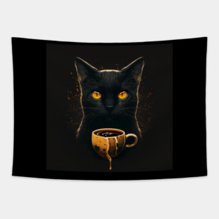 Black Cat Drinking Coffee, Coffee Cat Lover Tapestry