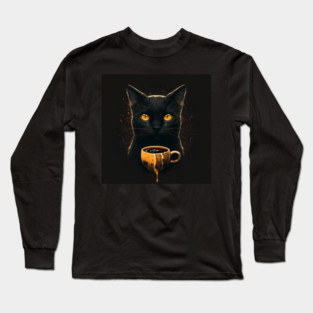 Black Cat Drinking Coffee, Coffee Cat Lover Long Sleeve T-Shirt