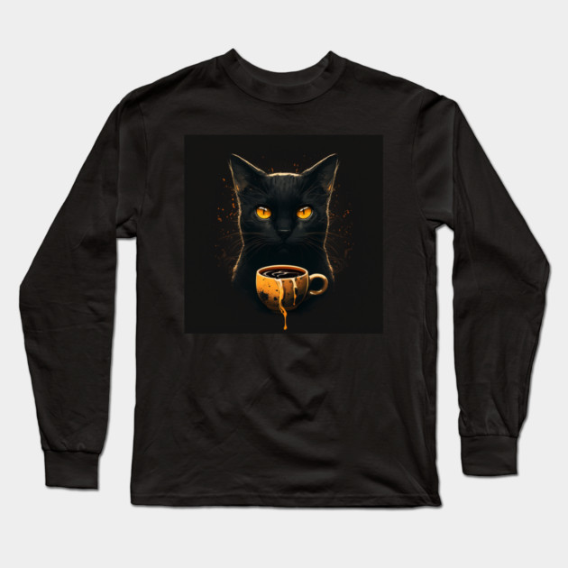 Black Cat Drinking Coffee, Coffee Cat Lover Long Sleeve T-Shirt by logiamerch