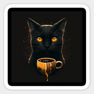 Black Cat Drinking Coffee, Coffee Cat Lover Sticker