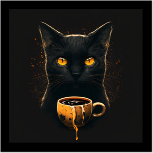 Black Cat Drinking Coffee, Coffee Cat Lover Posters and Art