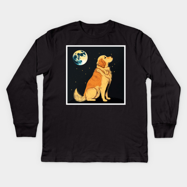 Golden Retriever Dog, Full Moon, Night Sky Kids Long Sleeve T-Shirt by logiamerch
