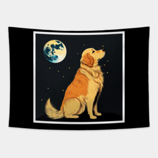 Golden Retriever Dog, Full Moon, Night Sky Tapestry