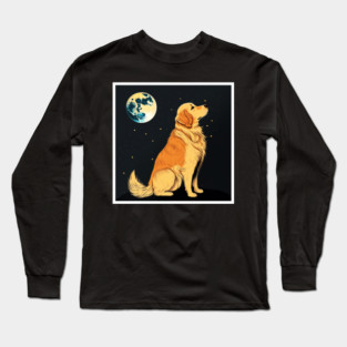 Golden Retriever Dog, Full Moon, Night Sky Long Sleeve T-Shirt