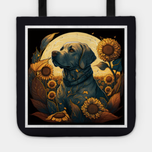 Golden Retriever Dog, Surrounded by Sunflowers, Dog Lover Tote