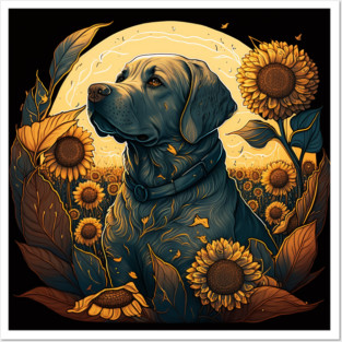 Golden Retriever Dog, Surrounded by Sunflowers, Dog Lover Posters and Art