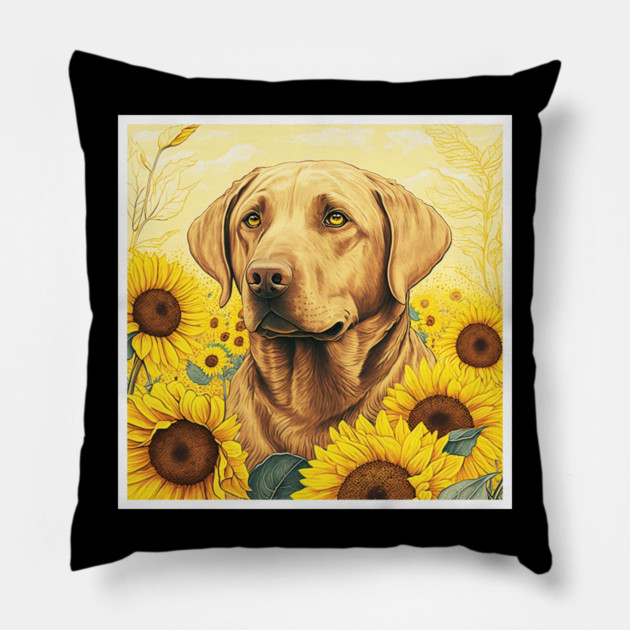 Labrador Retriever Dog, Surrounded by Sunflowers, Dog Lover Pillow by logiamerch