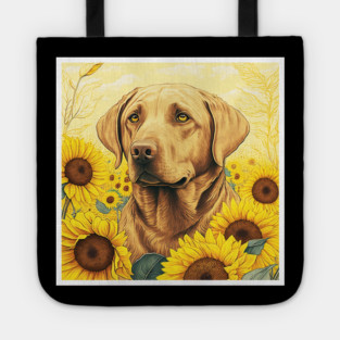 Labrador Retriever Dog, Surrounded by Sunflowers, Dog Lover Tote