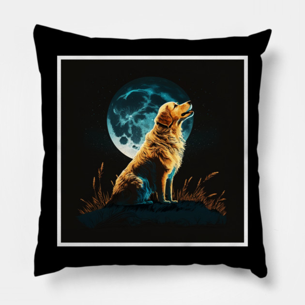 Golden Retriever Dog, Howling, Moon, Night Sky Pillow by logiamerch