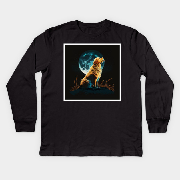 Golden Retriever Dog, Howling, Moon, Night Sky Kids Long Sleeve T-Shirt by logiamerch