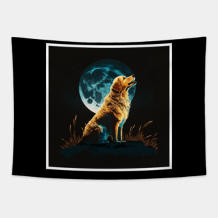 Golden Retriever Dog, Howling, Moon, Night Sky Tapestry