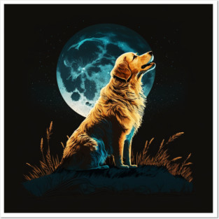 Golden Retriever Dog, Howling, Moon, Night Sky Posters and Art