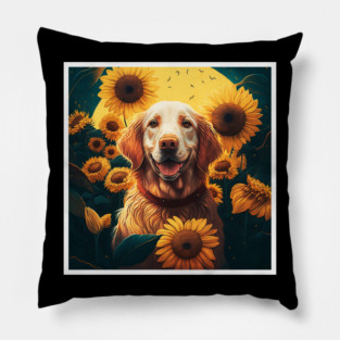 Golden Retriever Dog, Surrounded by Sunflowers, Dog Lover Pillow