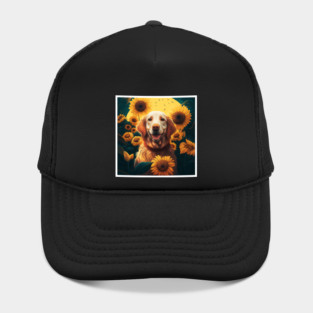 Golden Retriever Dog, Surrounded by Sunflowers, Dog Lover Hat