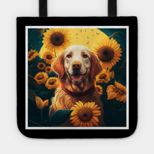 Golden Retriever Dog, Surrounded by Sunflowers, Dog Lover Tote